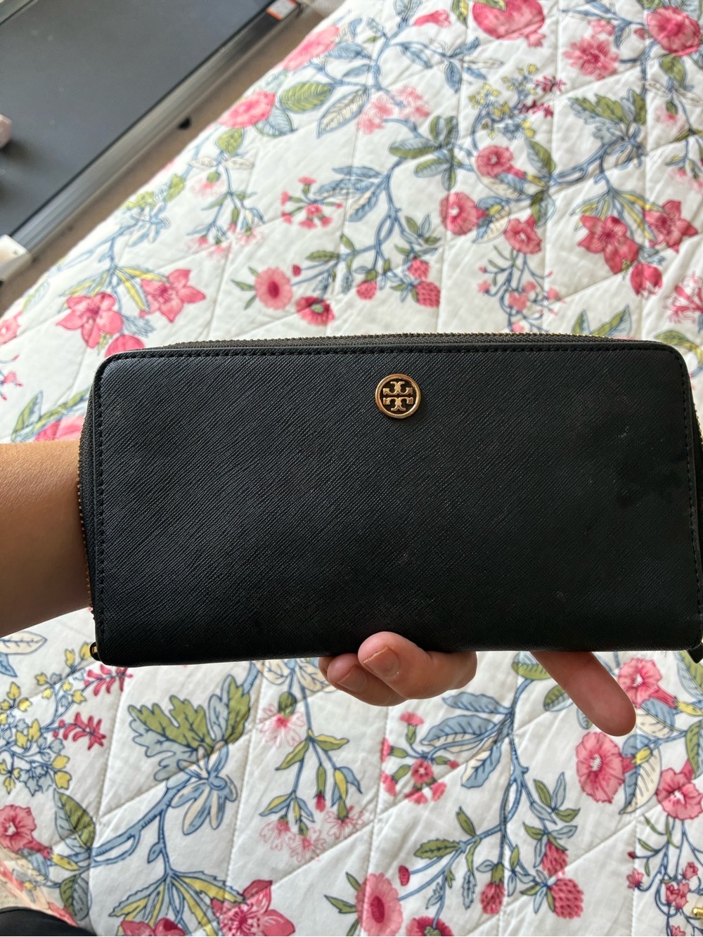 Tory Burch Black Saffiano Leather Zip Wallet with Gold Logo Accent